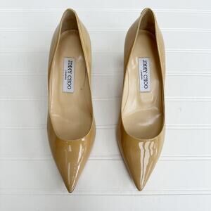 Jimmy Choo Anouk Kitten Heel Pumps Patent Leather Nude Tan Pointed Toe